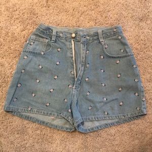 Flowered blue jean shorts